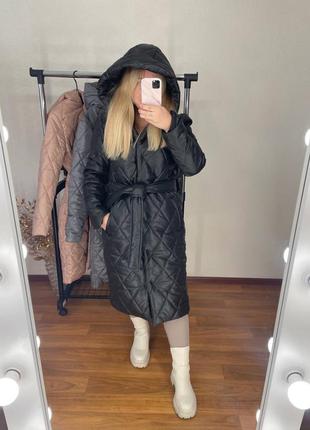 Пальто куртка женское стеганое длинное теплое с капюшоном с поясом базовое осеннее на осень демисезонное черная бежевая серое супер батал большого размера