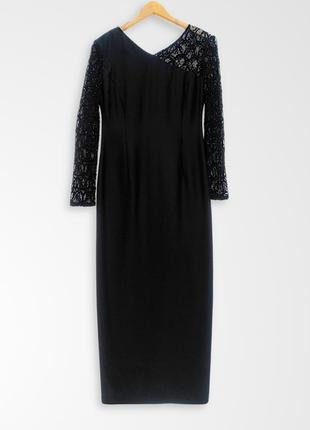 Длинное черное платье из плотного крепа – сатина и ажурного кружева1 фото