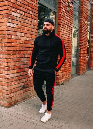 Розпродаж! теплий спортивний костюм чоловічий худі штани з лампасами чорно червоний