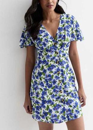 Коротке плаття,сукня віскоза/льон біле квітковий принт синій/зелений,52 р.