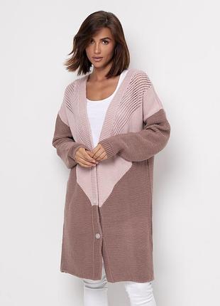 Кардиган женский вязаный, длинный, на пуговицах, батал, плюс сайз, двуцветный, пудра - фрез