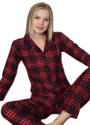 Утепленная красная клетчатая пижама микробайка. домашние костюм рубашка и брюки м-хл