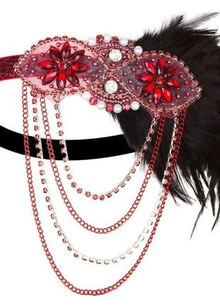 Повязка-резинка на голову в стиле чикаго 20-х, стразы, перья