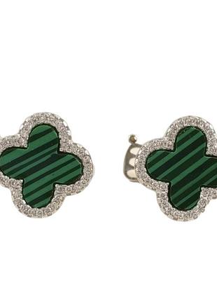 Серьги серебряные с малахитом и цирконием "клевер" (арт.22311487034)
