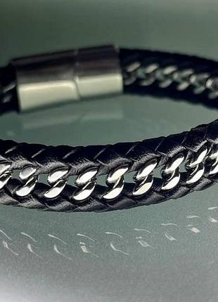 Мужской браслет кожа и нержавейка