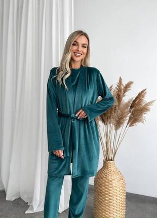 Тепла зимова велюрова плюшева жіноча піжама домашній костюм-трійка смарагдовий колір4 фото