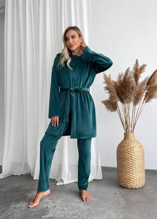 Тепла зимова велюрова плюшева жіноча піжама домашній костюм-трійка смарагдовий колір5 фото