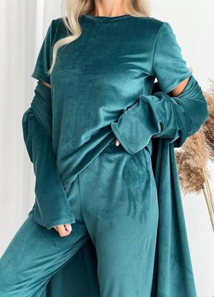 Тепла зимова велюрова плюшева жіноча піжама домашній костюм-трійка смарагдовий колір6 фото