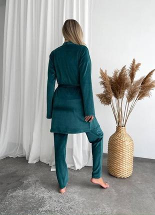 Тепла зимова велюрова плюшева жіноча піжама домашній костюм-трійка смарагдовий колір2 фото