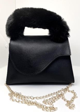 Стильна чорна жіноча сумка на плече крос боді штучне хутро екошкіра золотистий ланцюжок3 фото