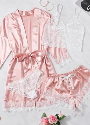 Атласная пижамка с кружевом 4в1, размер m/l