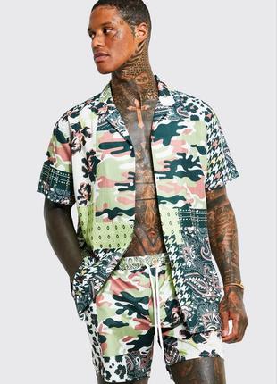 Boohooman - m-l - oversized - рубашка с принтом patchwork короткий рукав мужская каму