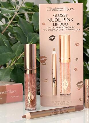Набір для губ charlotte tilbury glossy nude pink lip duo (олівець iconic nude + блиск pillow talk)