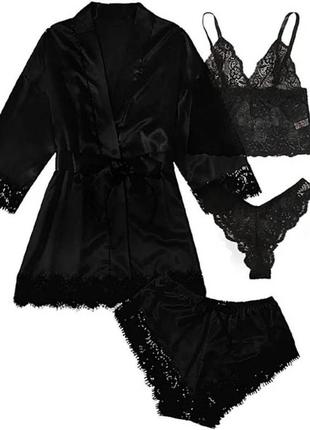 Атласная пижамка с кружевом 4в1, размер s/m