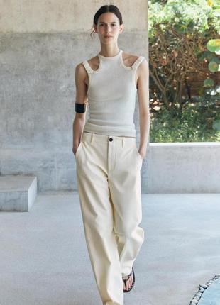 Брюки zara zw collection barrel штани світлі молочні l/40