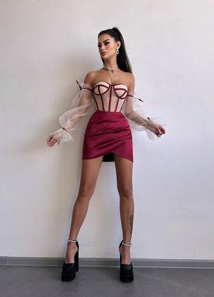 Атласний  комплект: корсет + спідниця