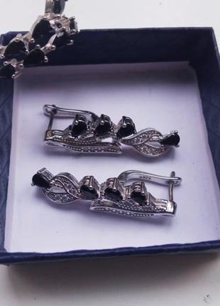 Серебряные висячие silver сережки, черная шпинель,проба 925,стерлинговое серебро,ювелирные изделия