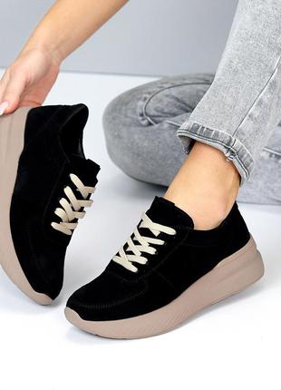 Чорні кросівки на бежевій підошві натуральна замша, модель в асортименті