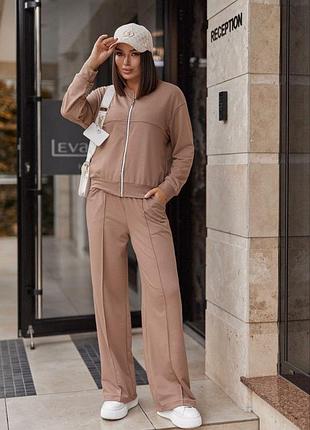 Жіночий трикотажний костюм зі штанами палаццо, чорний, червоний, капучіно, сірий, смарагдовий