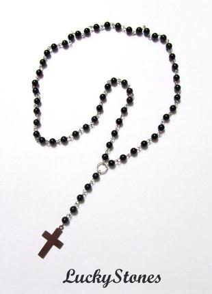 Розарій із чорного оніксу, фурнітура та хрест із нержавіючої сталі.1 фото