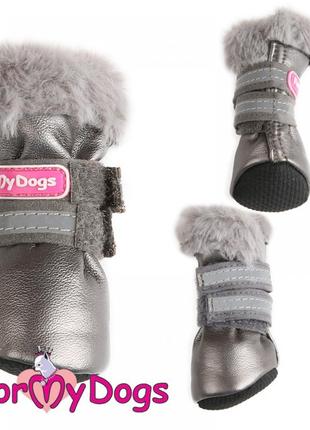 Зимние сапоги цельнокроеные для собак fmd искусственная серебрянная кожа с серым  мехом