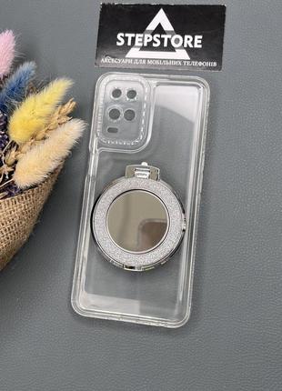 Чехол для oppo a54 + кольцо-держатель с зеркалом прозрачный с блестящими вставками силиконовый diamond