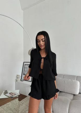 Christel 180 черная вискозная пижама жатка блуза завязки и шортики с воланами