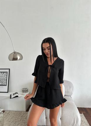 Christel 180 черная вискозная пижама жатка блуза завязки и шортики с воланами9 фото