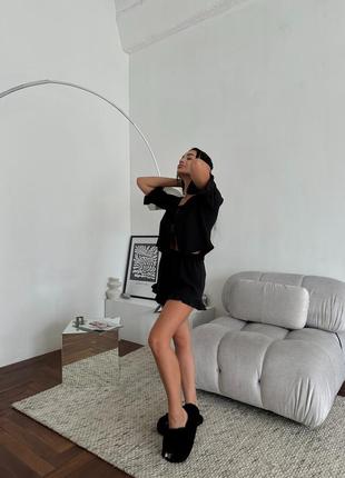Christel 180 черная вискозная пижама жатка блуза завязки и шортики с воланами7 фото