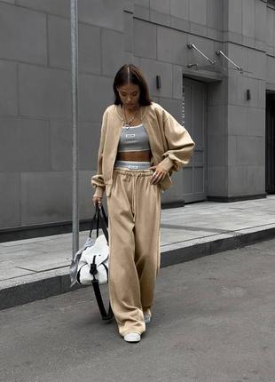 Бежевый женский спортивный костюм широкие брюки палаццо укороченная кофта женский прогулочный повседневный костюм широкие брюки палаццо кофта