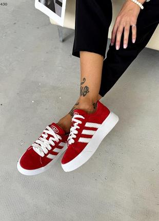 Женские кеды/кроссовки в стиле campus красные с белым из натуральной замши