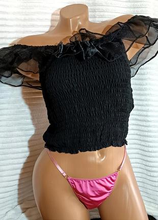 Топ резинка с прозрачными рюшами из органзы, кофточка укороченная с открытыми плечами, готический стиль