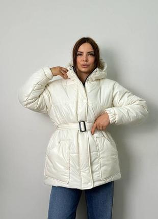 Куртка курточка молочная с поясом зимняя теплая