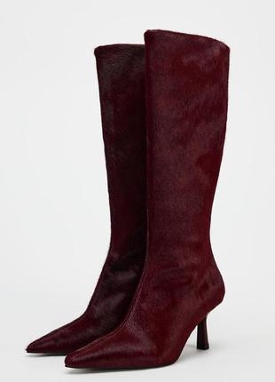 Wow кожаные бордовые сапоги женские zara new