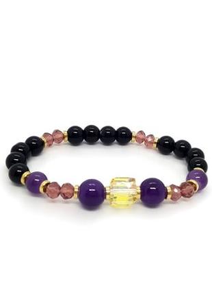 💜🖤стильный браслет-резинка натуральный аметист, оникс