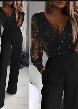 Chicme комбез черный женский классический праздничный костюм с блестками комбенизон брючный брюки