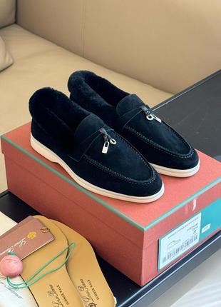 Черные лоферы с мехом loro piana summer charms walk лоро пиана лофери чорні з хутром