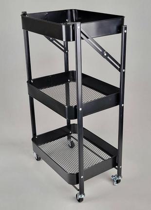 Етажерка стелаж металевий чорного кольору на 3 полиці на колесах