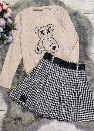 Костюм для девочки юбочка клетка и кофточка мишка