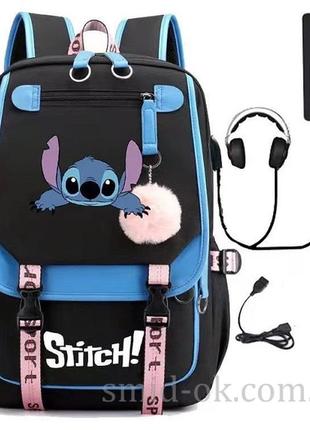 Молодіжний рюкзак синьо-чорний disney stitch унісекс для старших класів з usb-портом, кодовим замком, хутряним помпоном