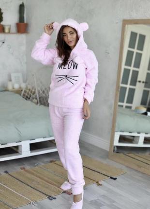 Нежно-розовая пижама с ушками meow теплая махровая