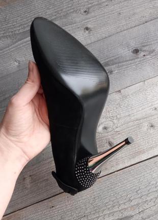 Натуральные черные туфли лодочки замшевые кожаные среднем каблуке шпильке со стразами острый носок2 фото