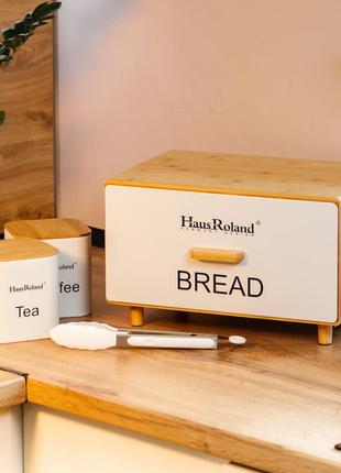 Бамбуковая хлебница с баночками для хранения сыпучих продуктов 2 шт. по 1 литру + щипцы кухонные набор б dm-11