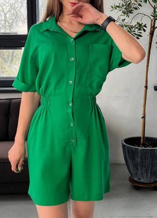 Зеленый яркий женский льняной комбинезон с шортами женский летний комбинезон лен прогулочный повседневный комбинезон2 фото