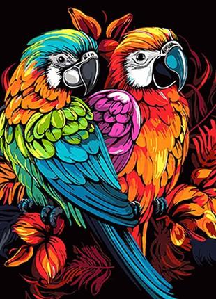 Картина за номерами попугаї в квітковому поп-арті strateg на чорному фоні 4 av4040-41