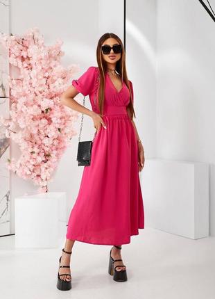 Фуксия розовое женское платье миди с разрезом женское летнее, длинное платье с разрезами2 фото