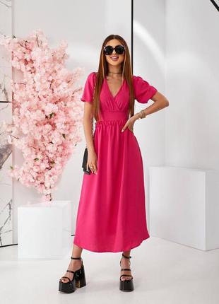 Фуксия розовое женское платье миди с разрезом женское летнее, длинное платье с разрезами