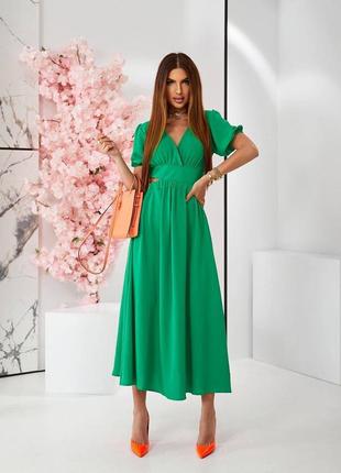 Зеленое женское платье миди с разрезом женское летнее, длинное платье с разрезами1 фото