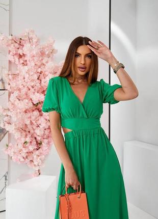 Зеленое женское платье миди с разрезом женское летнее, длинное платье с разрезами4 фото