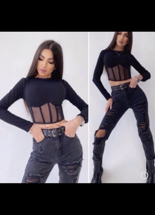 Топ с корсетной лонгслив вставкой корсет из сетки на косточках